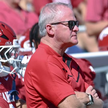 Arkansas Razorbacks athletics director Hunter Yurachek on the sidelines during game with the Notre Dame Fighting Irish at Razorback Stadium in Fayetteville.