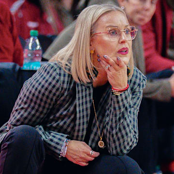 Arkansas Razorbacks coach Kelsi Musick on the sidelines during game against UCA Sugar Bears at Bud Walton Arena in Fayetteville, Ark.