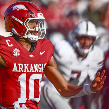 Arkansas Razorbacks quarterback Taylen Green running during game against the Mississippi State Bulldogs at Razorback Stadium in Fayetteville, Ark.