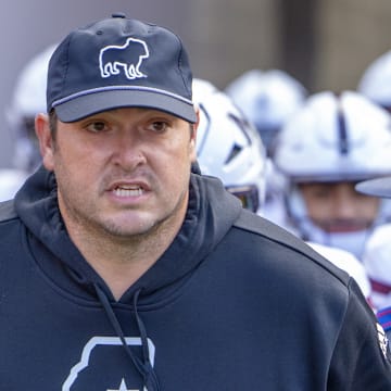 Mississippi State Bulldogs coach Jeff Lebby against the Arkansas Razorbacks at Razorback Stadium in Fayetteville, Ark.