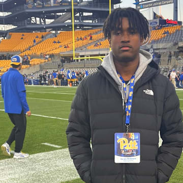 Javien Robinson stands on the sidelines during a recruiting visit Oct. 24, 2024 at Acrisure Stadium.