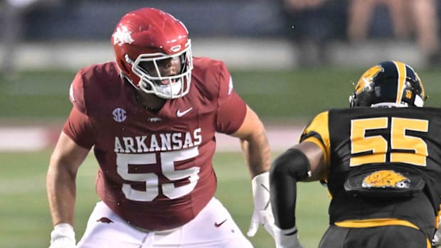 Razorbacks offensive lineman Fernando Carmona drops back in pass protection against UAPB