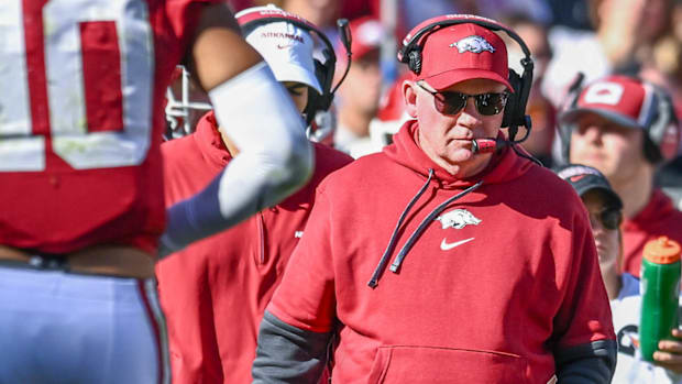 Razorbacks offensive coordinator Bobby Petrino on the sidelines against Texas