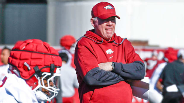 Razorbacks offensive coordinator Bobby Petrino at spring practicees
