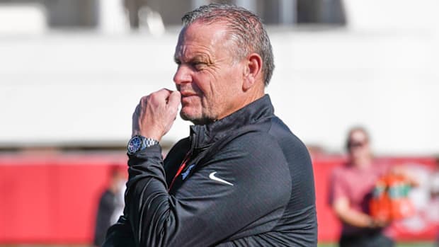 Razorbacks coach Sam Pittman at spring practice on the outdoor practice fields