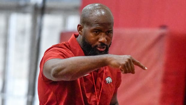 Razorbacks running backs coach Kolby Smith during preseason practices