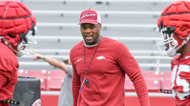 Razorbacks defensive coordinator Travis Williams during drills at spring practice