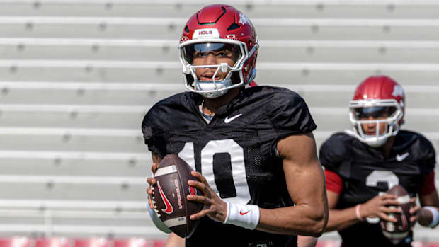 Razorbacks quarterback Taylen Green during spring practice drills