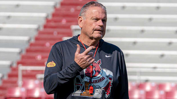 Razorbacks coach Sam Pittman during spring practice drills