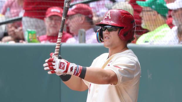 Razorbacks' Cam Kozeal in the on-deck circle in a game against Texas