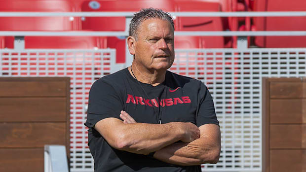 Razorbacks coach Sam Pittman watching spring practice at Razorback Stadium