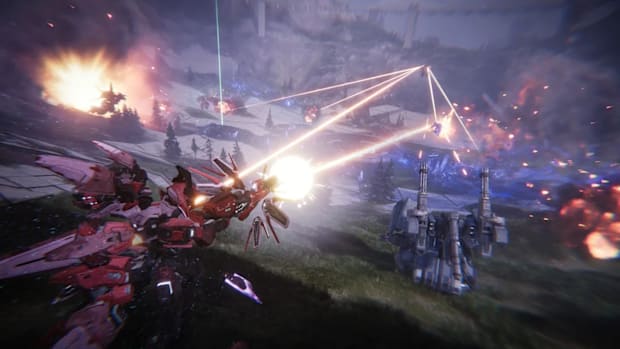 Giant robots fighting and shooting lasers in Mecha BREAK.