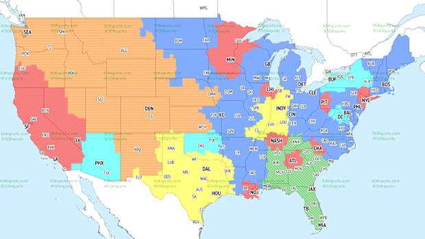 Broadcast map for the early window of NFL games on CBS for week 1 via: 506sports.com.