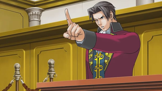 AA3: T&T screenshot. A young Miles Edgeworth winking and waggling his finger in the courtroom.