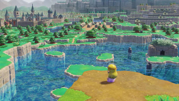 Echoes of Wisdom: Zelda standing at the top of a cliff overlooking Hyrule Castle and a large lake.