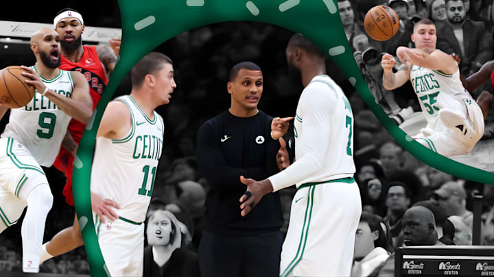 Derrick White drives, Joe Mazzulla speaks to Payton Pritchard and Jaylen Brown, Baylor Scheierman passes the ball