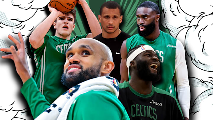 Derrick White, Neemeias Queta, Hugo Gonzalez, Joe Mazzulla, and Jaylen Brown