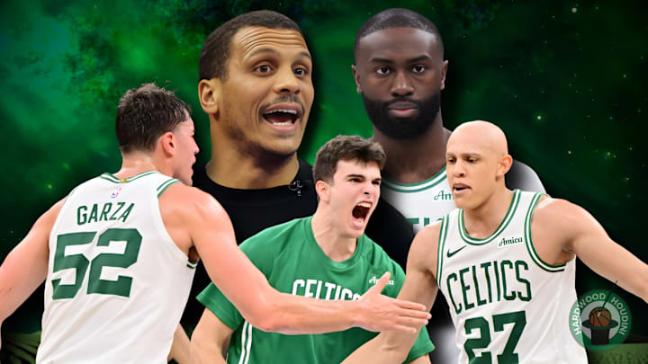 Joe Mazzulla, Jaylen Brown, Luka Garza, Hugo Gonzalez, and Jordan Walsh.
