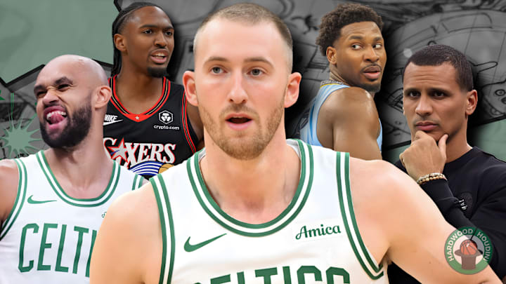 Derrick White, Tyrese Maxey, Sam Hauser, Jaren Jackson Jr., and Joe Mazzulla