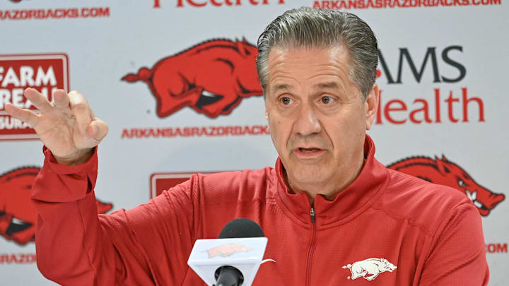 Razorbacks coach John Calipari at his introduction to the fans and media at Bud Walton Arena in Fayetteville, Ark.