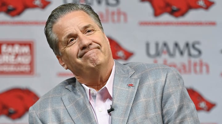 Arkansas Razorbacks coach John Calipari at his introduction at Bud Walton Arena on April 10 in Fayetteville, Ark.