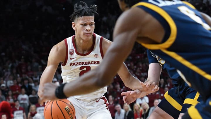 Arkansas Razorbacks' forward Trevon Brazile against UNC-Greensboro in a game Dec. 6, 2022, at Bud Walton Arena in Fayetteville, Ark.