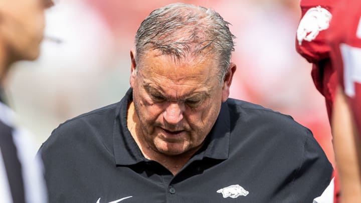 Arkansas Razorbacks coach Sam Pittman during a loss to Mississippi State on Oct. 21, 2023, at Razorback Stadium in Fayetteville, Ark.