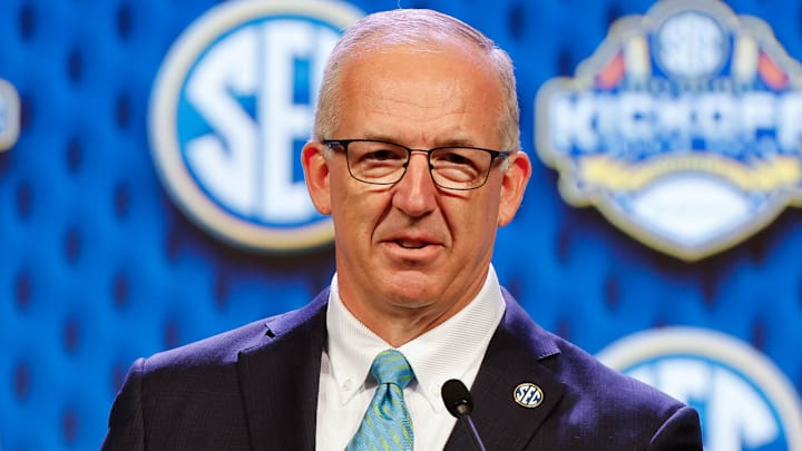 SEC commissioner Greg Sankey speaks to the media at the 2024 SEC Football Kickoff on Monday, at the Omni Dallas Hotel in Dallas. SEC commissioner Greg Sankey speaks to the media at the 2024 SEC Football Kickoff on Monday, at the Omni Dallas Hotel in Dallas.
