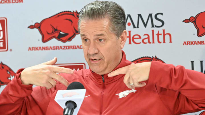 Arkansas Razorbacks coach John Calipari gestures during first press conference on April 10.