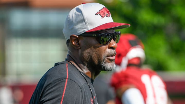 Arkansas Razorbacks defensive backs coach Marcus Woodson during first practice of fall camp in Fayetteville, Ark.