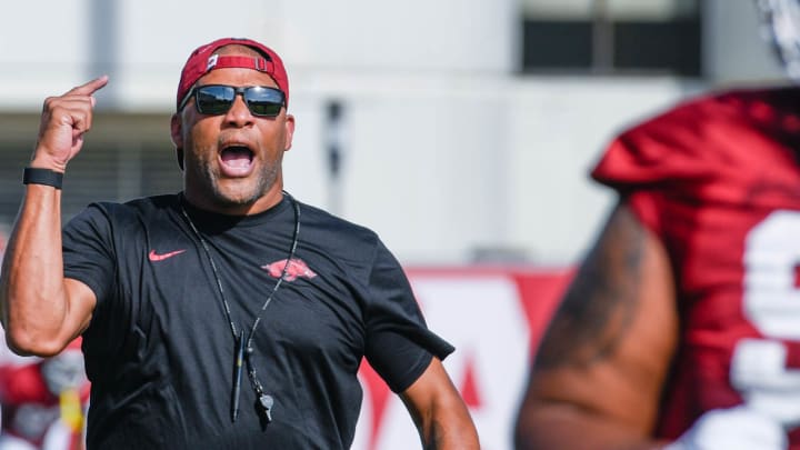 Arkansas Razorbacks defensive line coach Deke Adams during first practice of fall camp in Fayetteville, Ark.