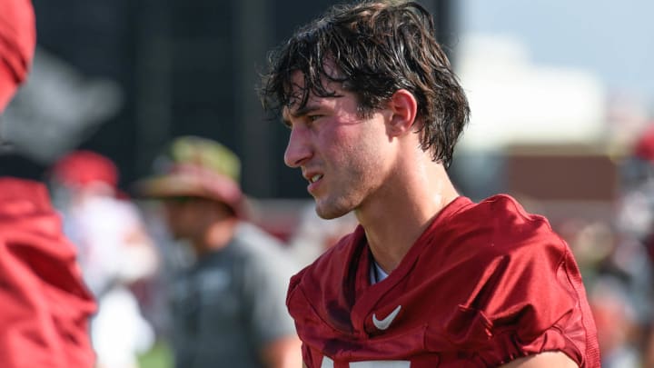 Arkansas Razorbacks defensive back Hudson Clark during first practice of fall camp in Fayetteville, Ark.