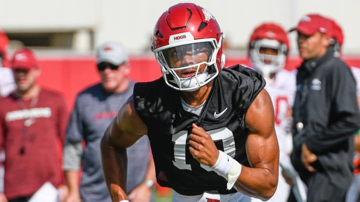 Arkansas Razorbacks quarterback Taylen Green during first practice of fall camp in Fayetteville, Ark.