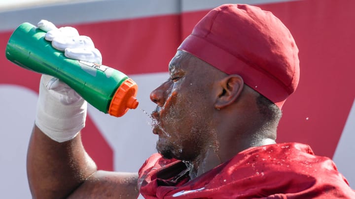 Arkansas Razorbacks defensive lineman Eric Gregory during first practice of fall camp in Fayetteville, Ark.