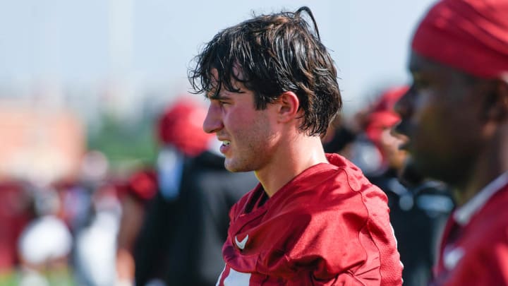 Arkansas Razorbacks defensive back Hudson Clark during first practice of fall camp in Fayetteville, Ark.