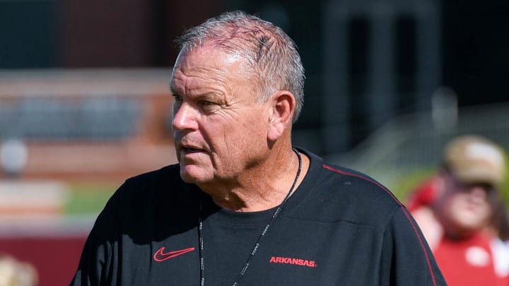 Arkansas Razorbacks coach Sam Pittman during first practice of fall camp in Fayetteville, Ark.