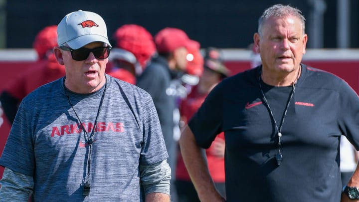 Arkansas Razorbacks offensive coordinator Bobby Petrino and coach Sam Pittman during first practice of fall camp in Fayetteville, Ark.