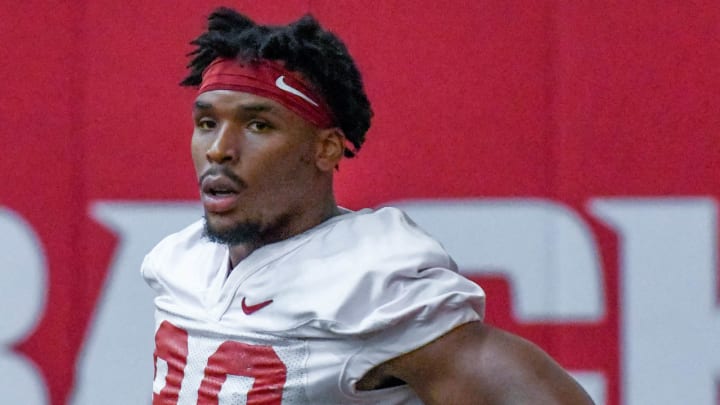 Arkansas Razorbacks tight end Var'keyes Gumms at Thursday's practice indoors in Fayetteville, Ark.