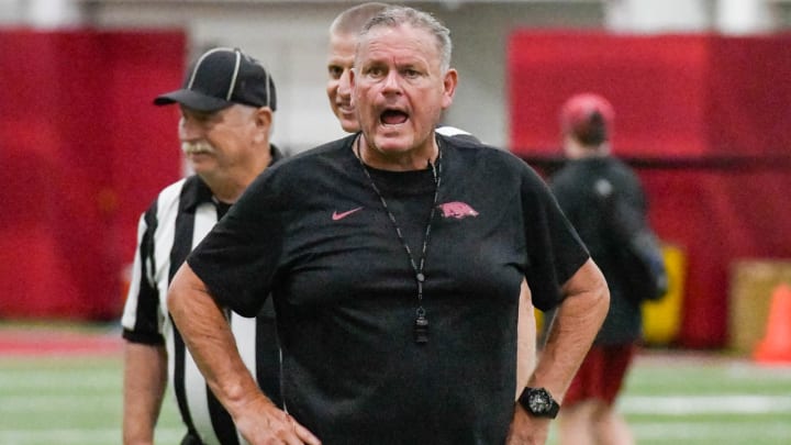 Arkansas Razorbacks coach Sam Pittman at Thursday's practice indoors in Fayetteville, Ark.