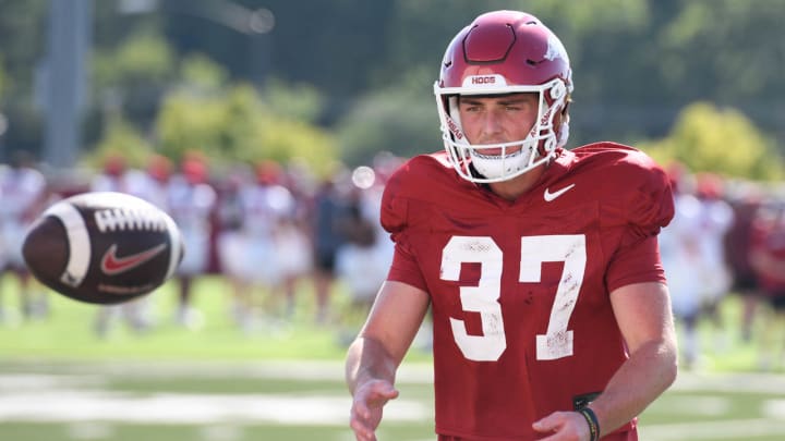 Arkansas Razorbacks punter Devin Bale at practice Friday afternoon on the outdoor fields in Fayetteville, Ark.