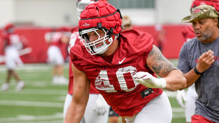 Arkansas Razorbacks defensive lineman Landon Jackson in a drill at spring practice Wednesday morning on the outdoor field in Fayetteville, Ark.