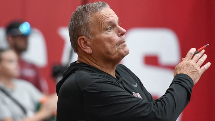 Arkansas Razorbacks coach Sam Pittman at practice Saturday on the indoor field in Fayetteville, Ark.