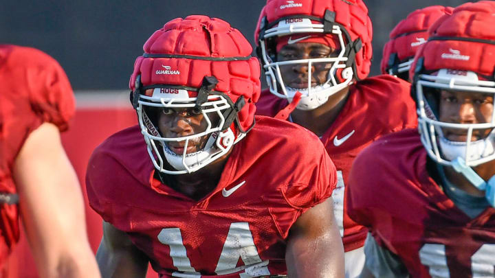 Arkansas Razorbacks linebacker Stephen Dix in drills during fall camp on the outdoor field in Fayetteville, Ark.