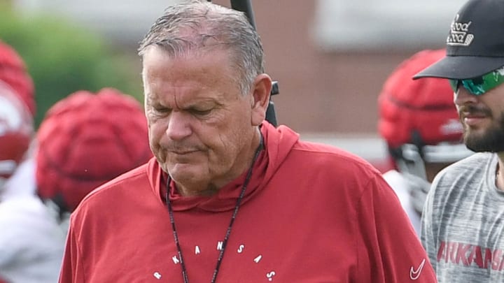 Arkansas Razorbacks coach Sam Pittman at fall camp practice on the outdoor field in Fayetteville, Ark.