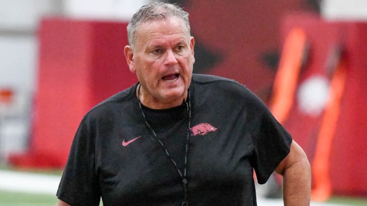 Arkansas Razorbacks coach Sam Pittman at fall camp practice on the indoor field in Fayetteville, Ark.