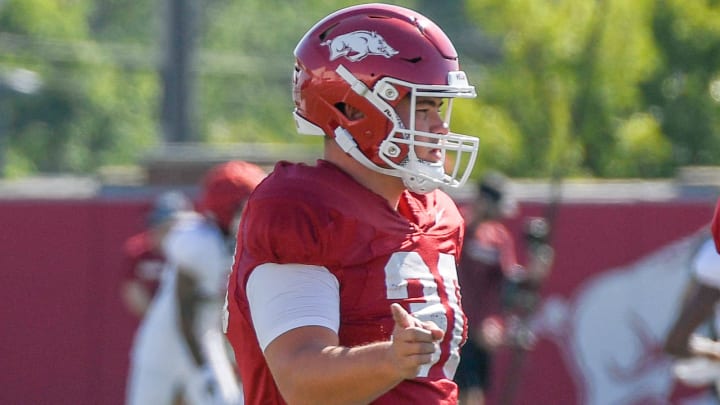 Arkansas Razorbacks long-snapper Ashton Ngo during a practice in fall camp on the outdoor field in Fayetteville, Ark.