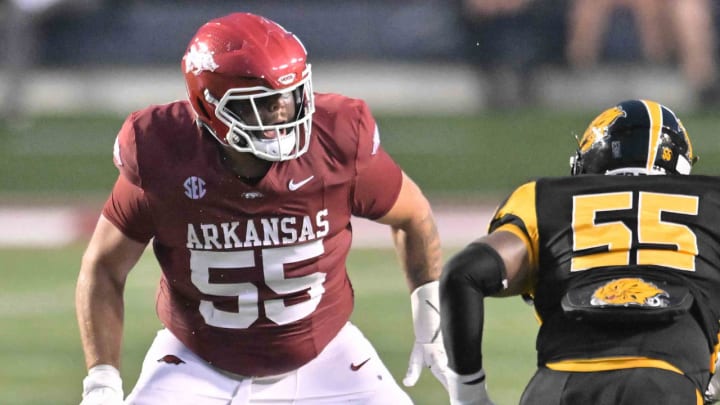 Arkansas Razorbacks offensive lineman Fernando Carmona drops back in pass protection against UAPB at War Memorial Stadium in Little Rock, Ark.