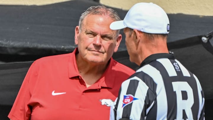 Arkansas Razorbacks coach Sam Pittman against the Oklahoma State Cowboys at Boone Pickens Stadium in Stillwater, Okla.