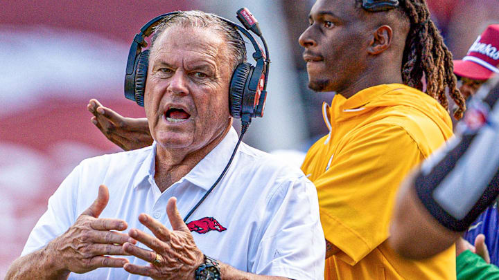 Arkansas Razorbacks coach Sam Pittman on the sidelines against UAB at Razorback Stadium in Fayetteville, Ark.