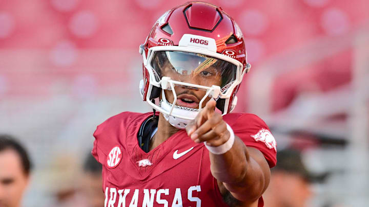 Arkansas Razorbacks quarterback Taylen Green in warmups before game with the Tennessee Volunteers at Razorback Stadium in Fayetteville, Ark. Arkansas Razorbacks quarterback Taylen Green in warmups before game with the Tennessee Volunteers at Razorback Stadium in Fayetteville, Ark.